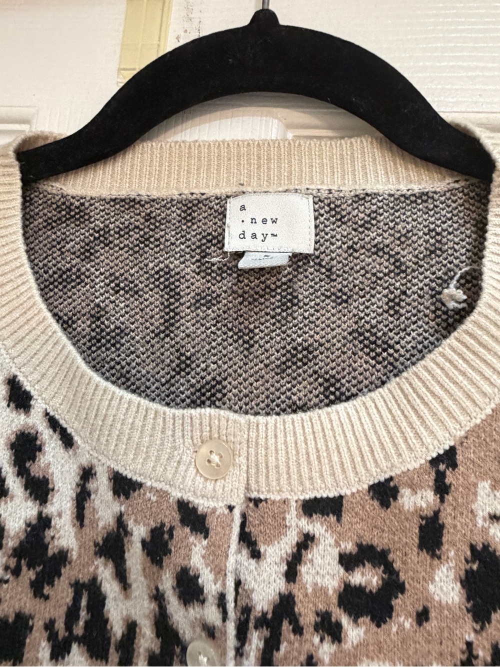 A New Day Beige and Black Leopard Print Crewneck Cardigan - Picture 2 of 3